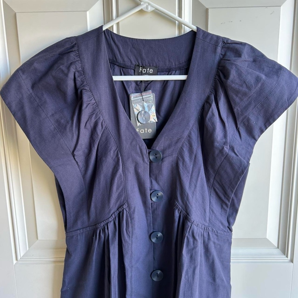 NWT 100% Cotton Dark Navy Blue Long V Neck Dress with Flutter Sleeves Size XS - Picture 4 of 8